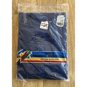 Wrights Waffle Knit Thermal Henley Mens M Long Sleeve Shirt Royal Blue Vintage